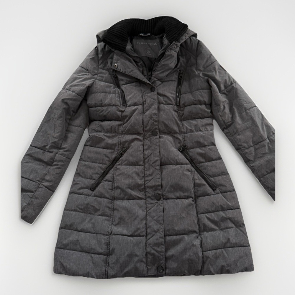 Nautica Women's Hooded Puffer Coat Dark Gray Zip & Snap Closure Estimated Medium